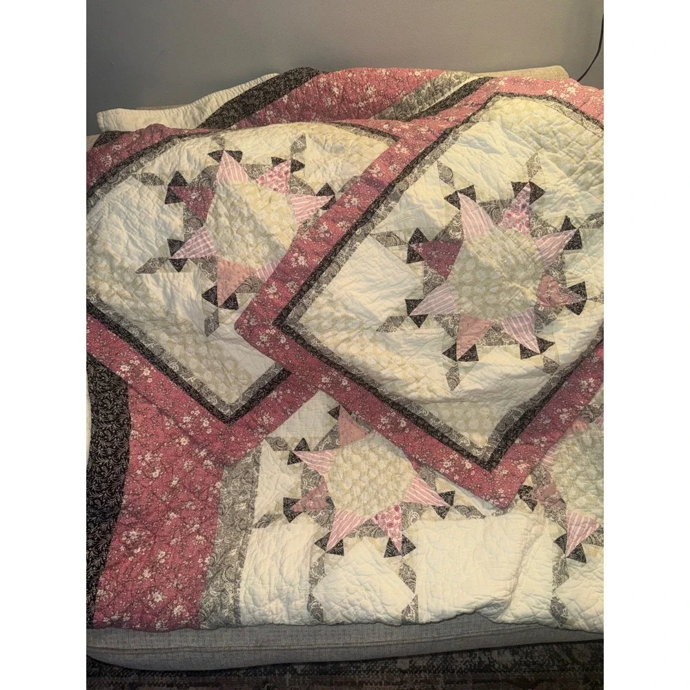 Pink Floral‎ Star Patchwork Quilt and Pillow Sham Set Cottage Core King Bedding